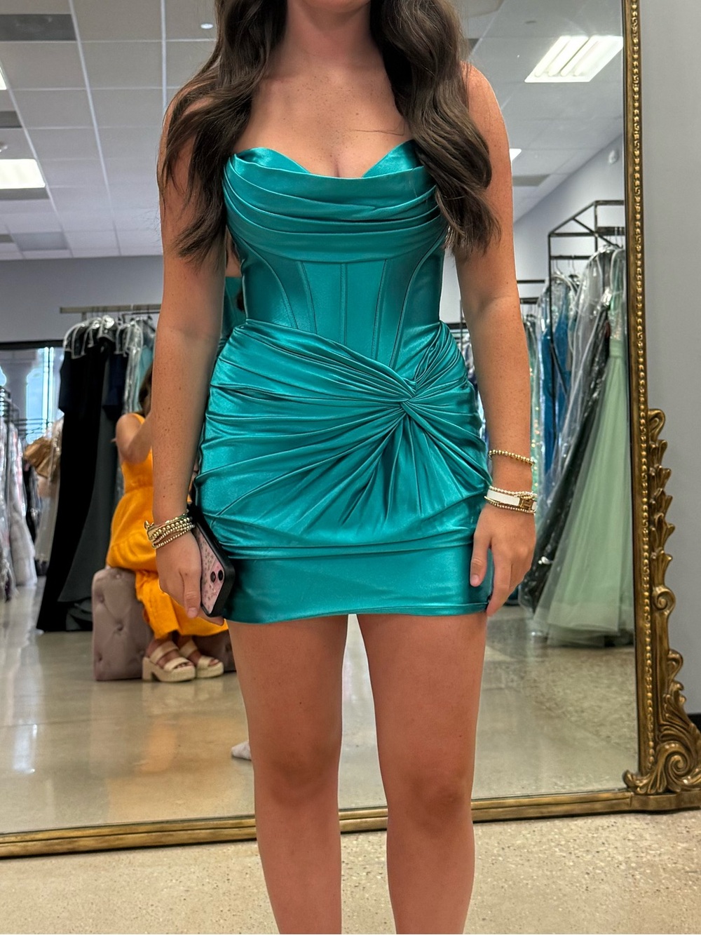 Sherri Hill Emerald Satin Draped Mini Dress
